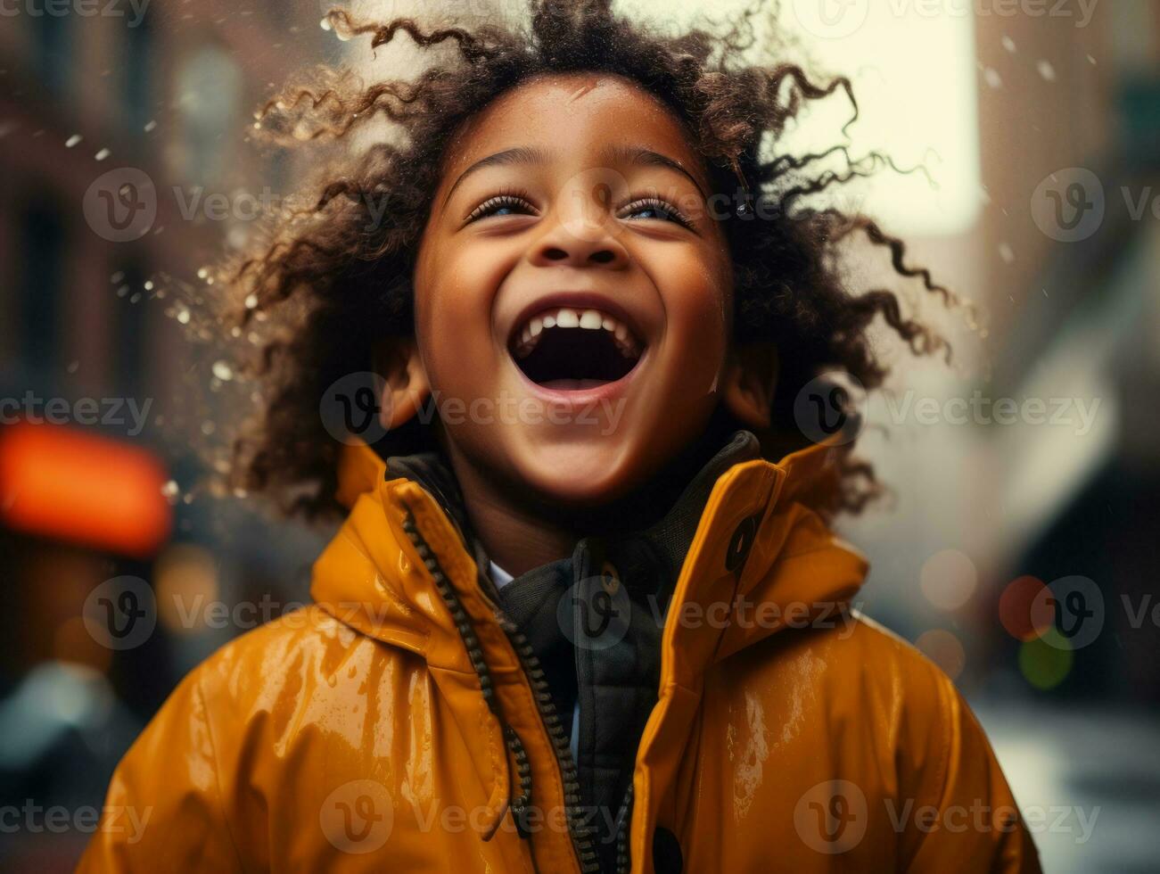 Carefree child joyfully dances in the refreshing rain AI Generative photo