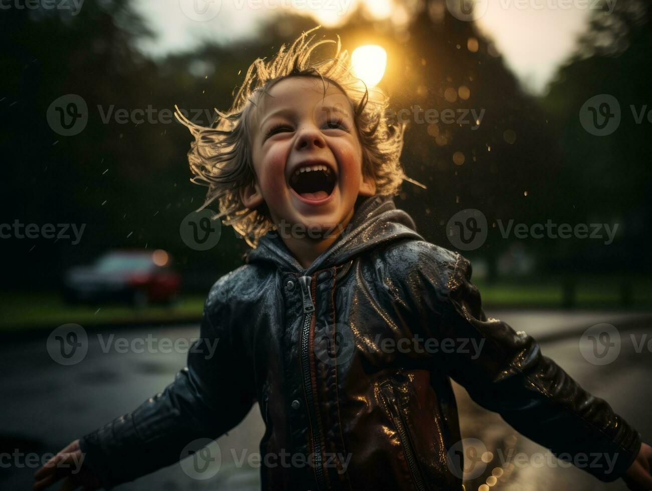 Carefree child joyfully dances in the refreshing rain AI Generative photo