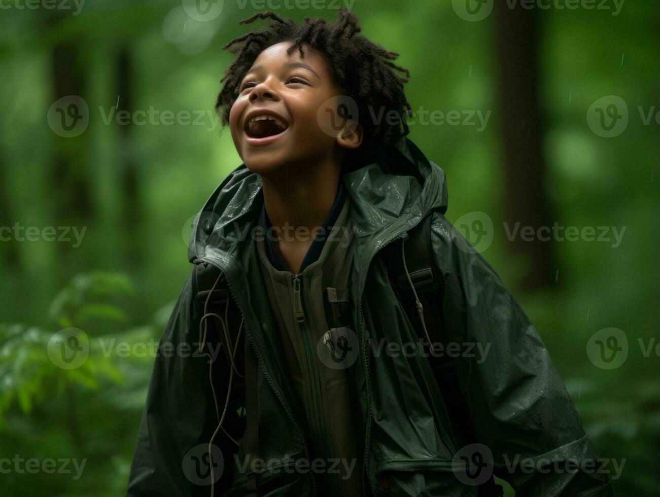 Carefree child joyfully dances in the refreshing rain AI Generative photo