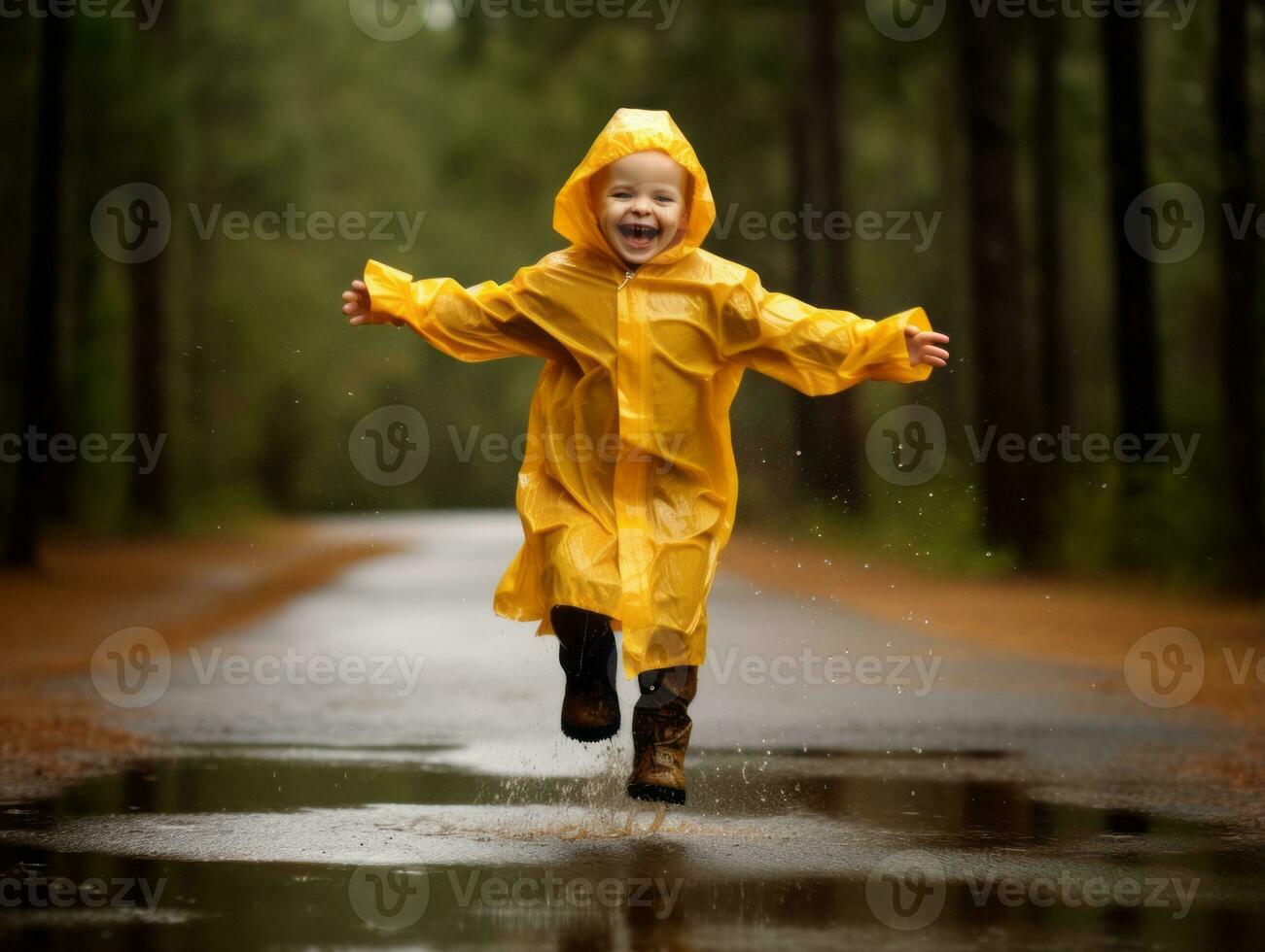 Carefree child joyfully dances in the refreshing rain AI Generative photo