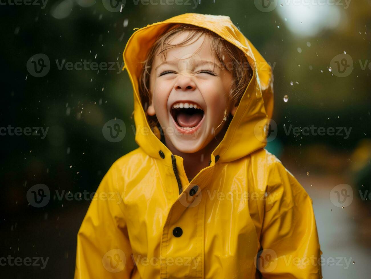 Carefree child joyfully dances in the refreshing rain AI Generative photo