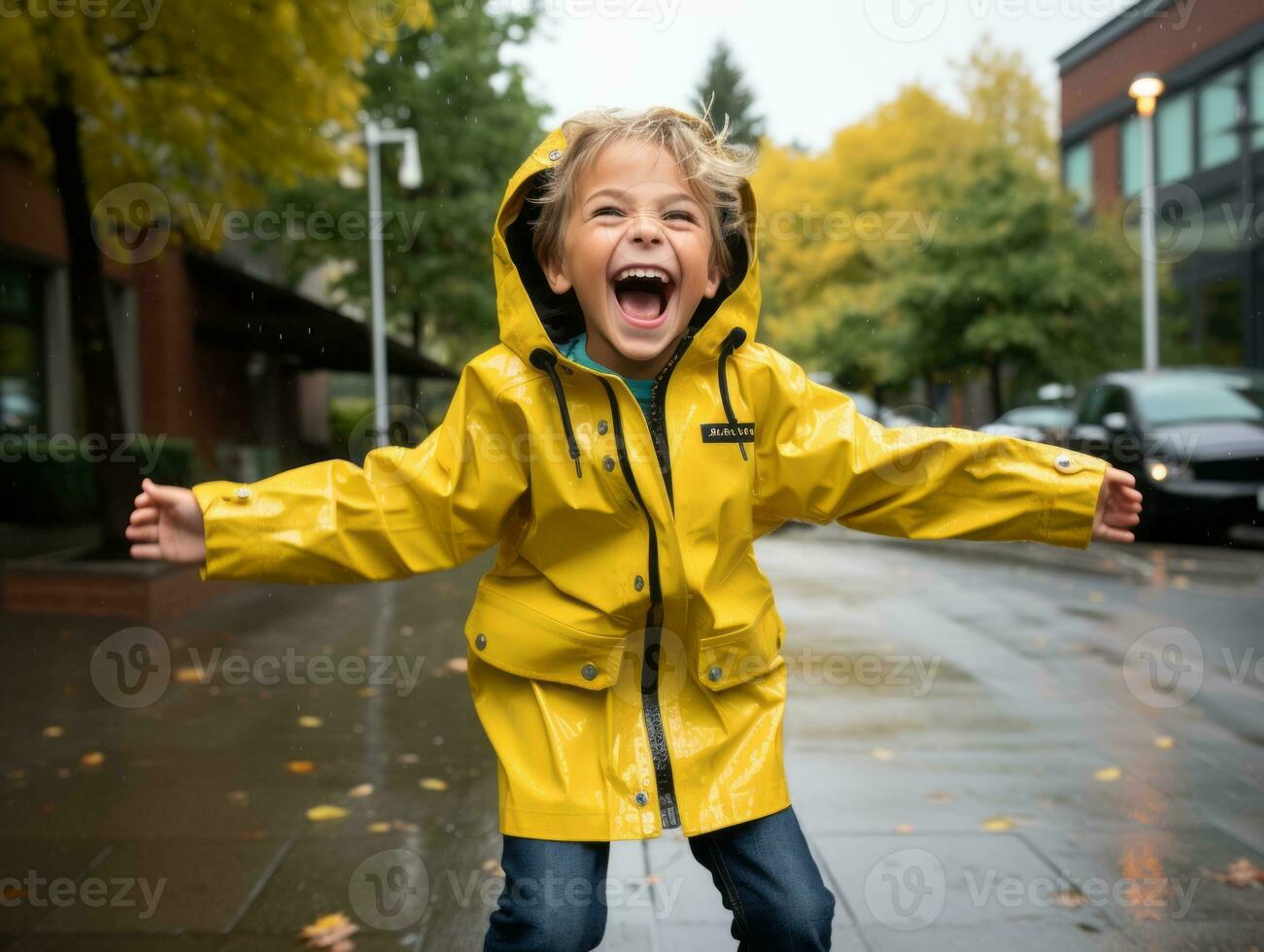 Carefree child joyfully dances in the refreshing rain AI Generative photo