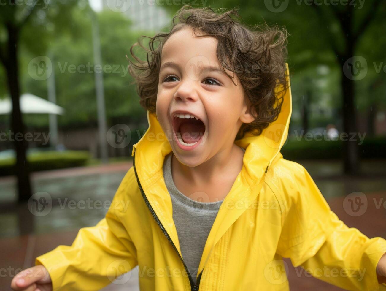 Carefree child joyfully dances in the refreshing rain AI Generative photo