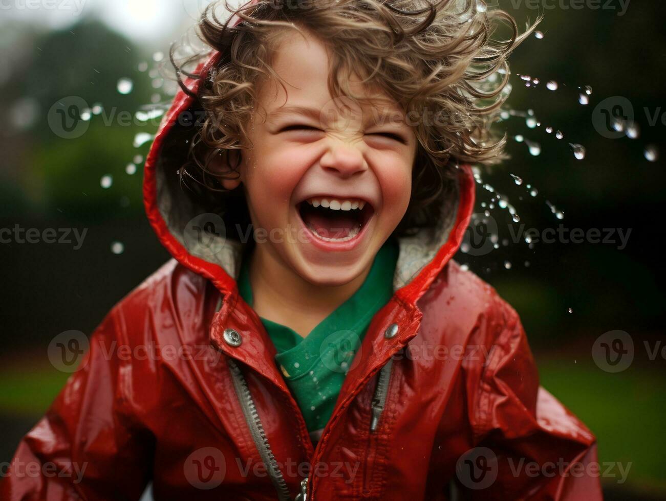 Carefree child joyfully dances in the refreshing rain AI Generative photo