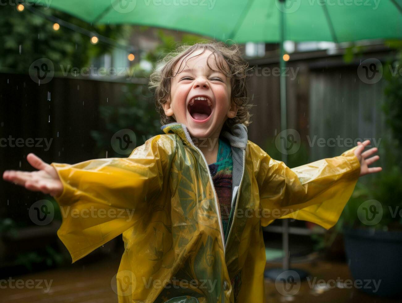 Carefree child joyfully dances in the refreshing rain AI Generative photo
