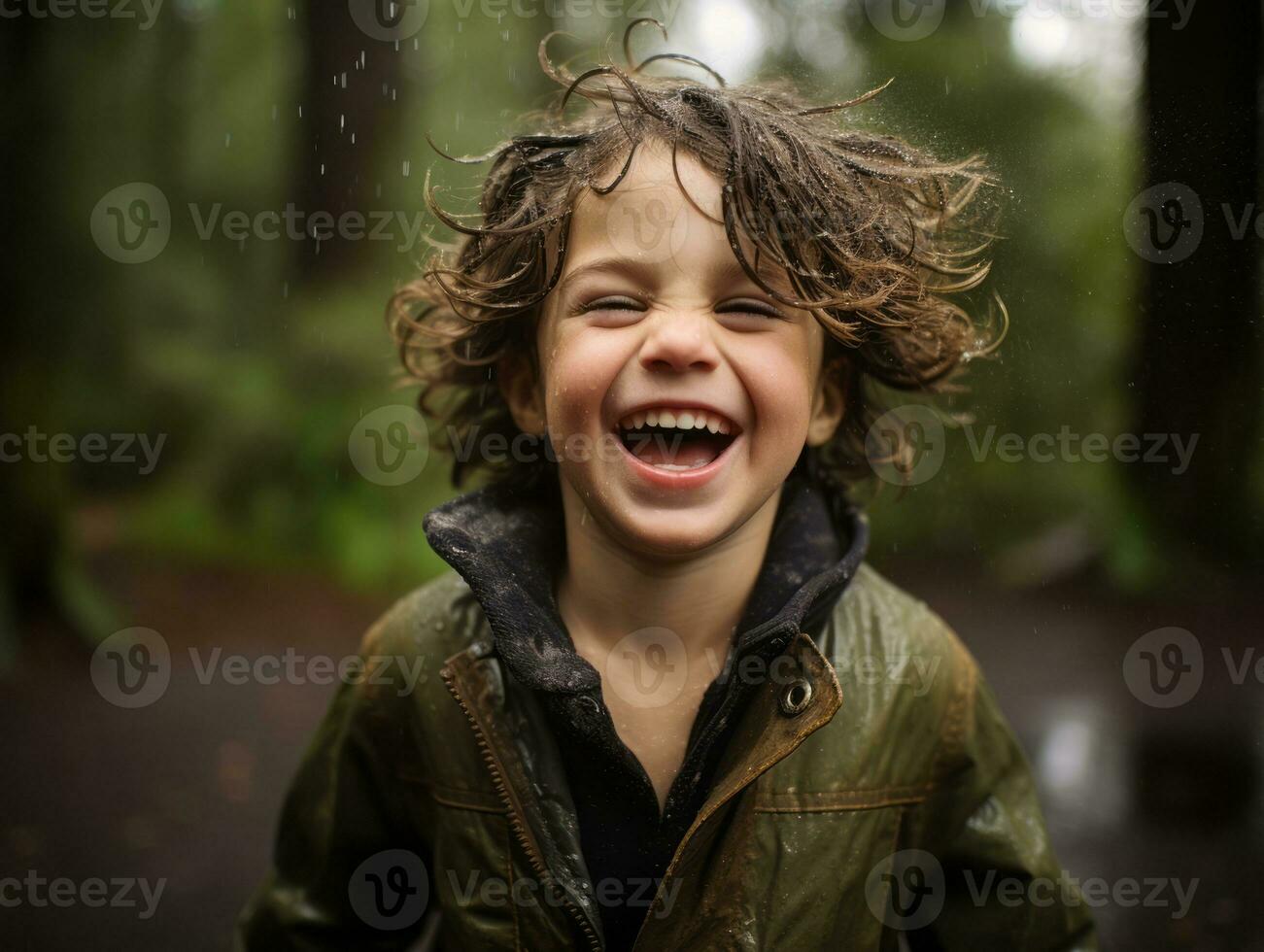 Carefree child joyfully dances in the refreshing rain AI Generative photo