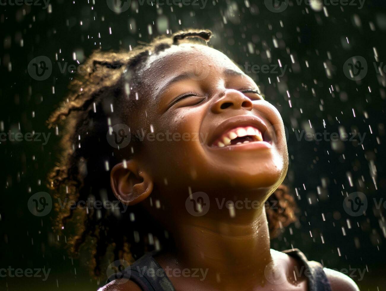 Carefree child joyfully dances in the refreshing rain AI Generative photo