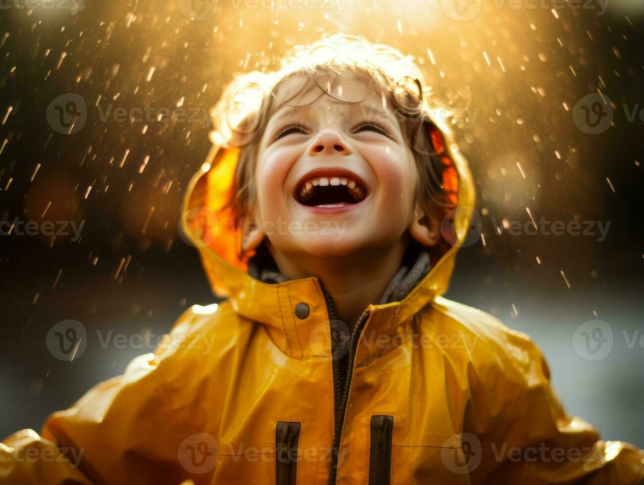 Carefree child joyfully dances in the refreshing rain AI Generative photo
