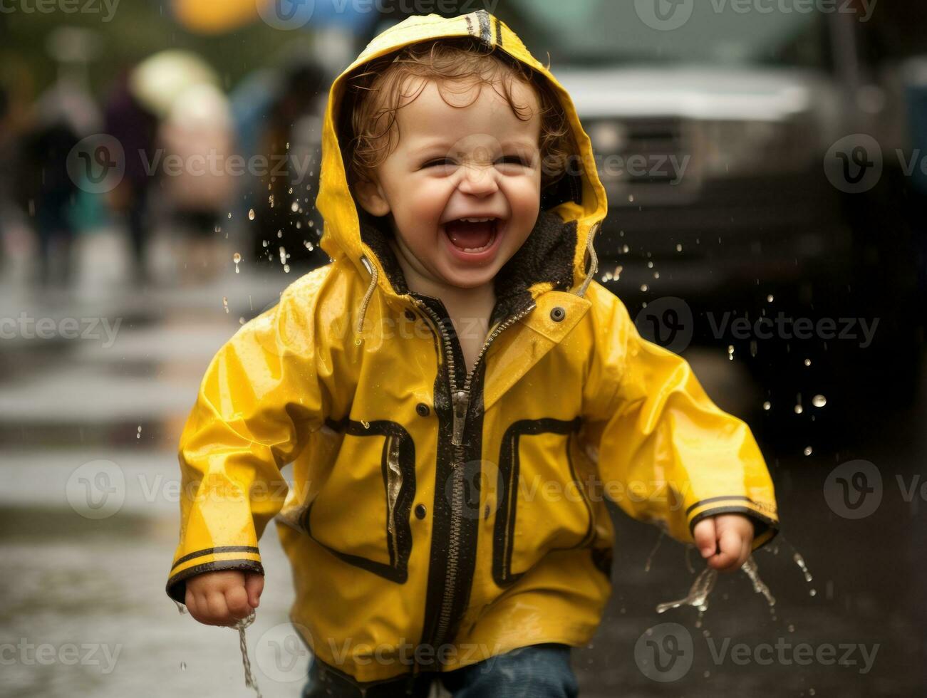Carefree child joyfully dances in the refreshing rain AI Generative photo