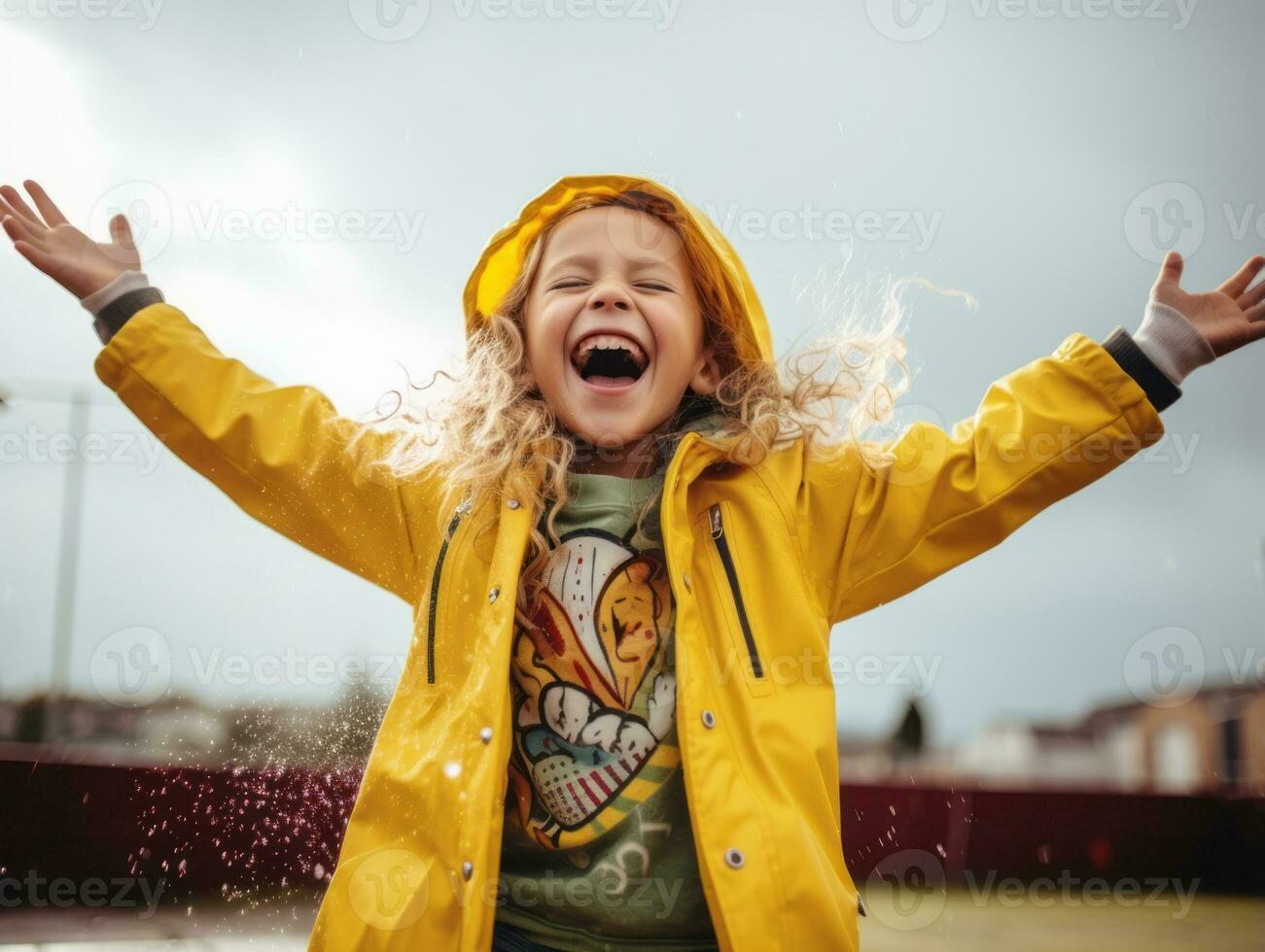 Carefree child joyfully dances in the refreshing rain AI Generative photo
