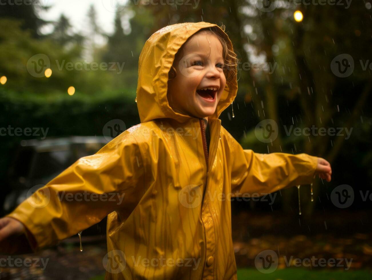 Carefree child joyfully dances in the refreshing rain AI Generative photo
