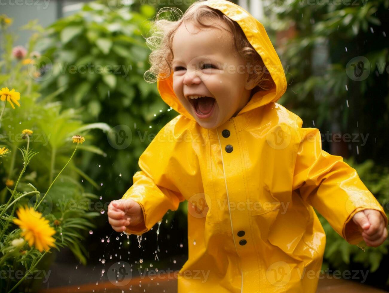 Carefree child joyfully dances in the refreshing rain AI Generative photo