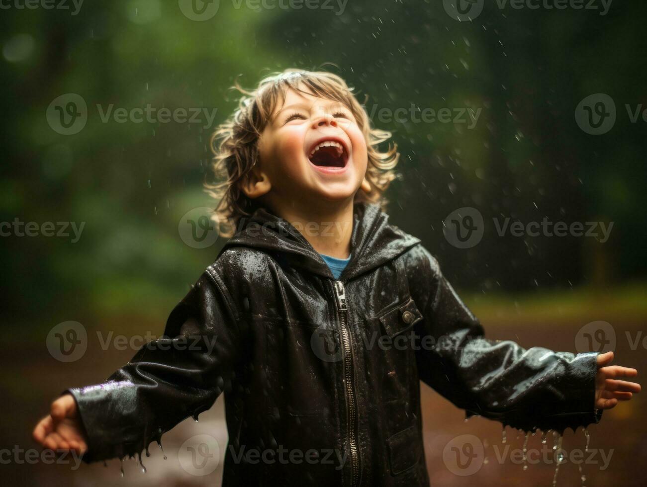 Carefree child joyfully dances in the refreshing rain AI Generative photo