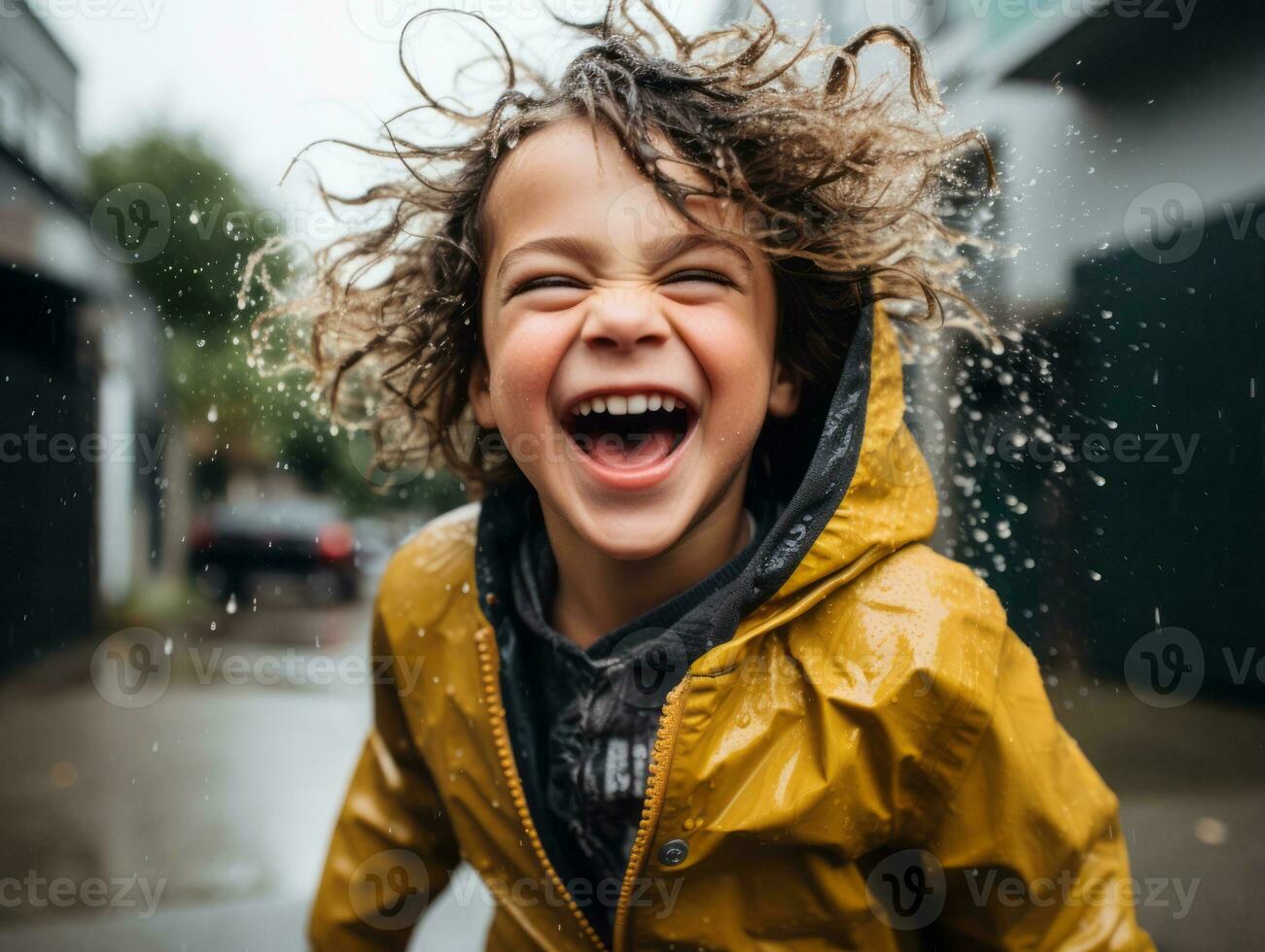 Carefree child joyfully dances in the refreshing rain AI Generative photo