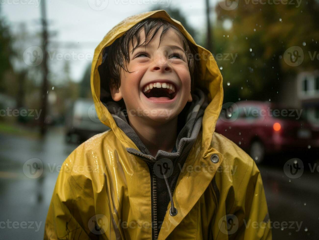 Carefree child joyfully dances in the refreshing rain AI Generative photo