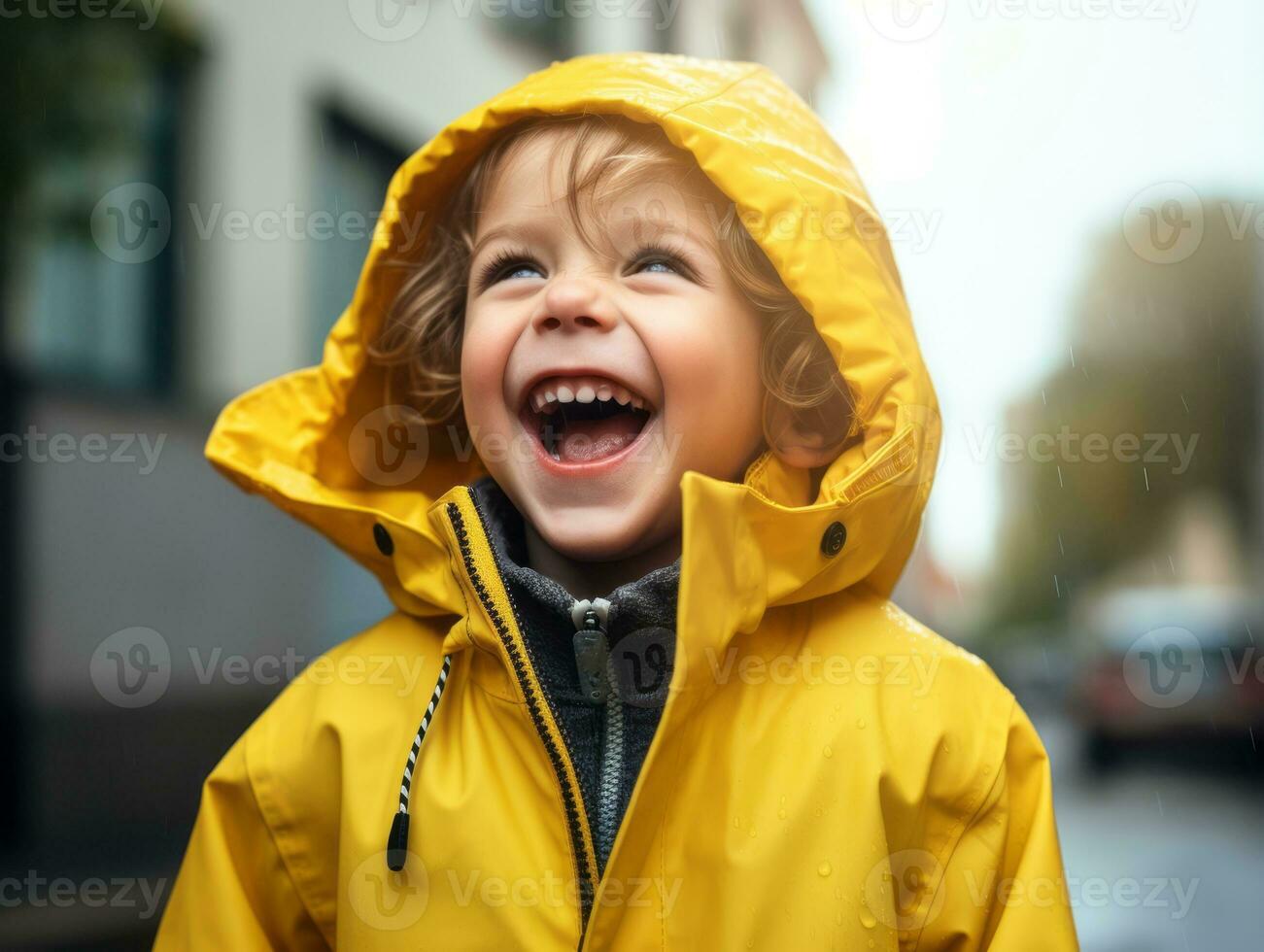 Carefree child joyfully dances in the refreshing rain AI Generative photo