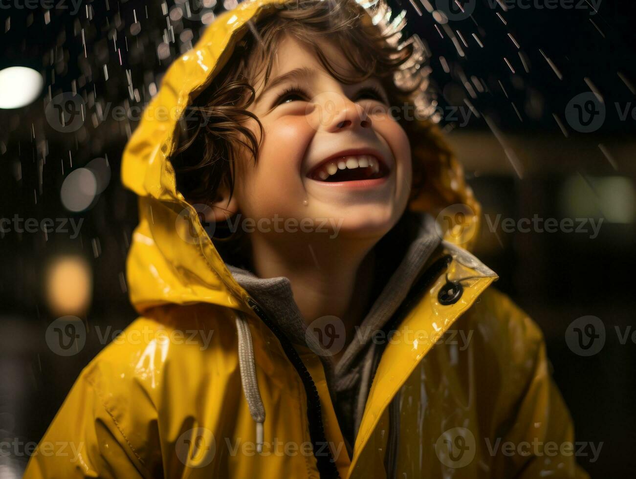 Carefree child joyfully dances in the refreshing rain AI Generative photo