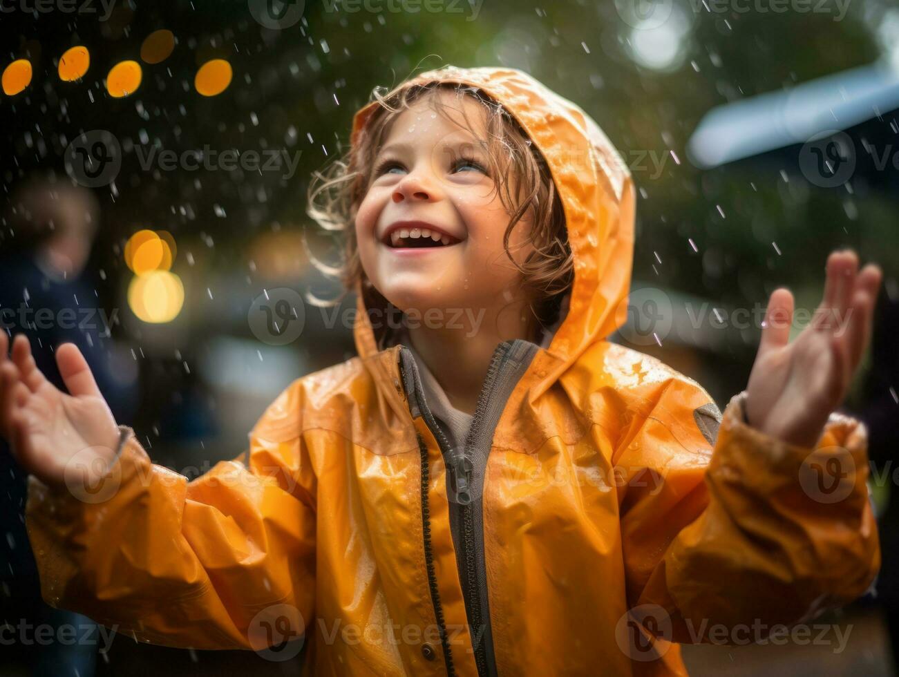 Carefree child joyfully dances in the refreshing rain AI Generative photo