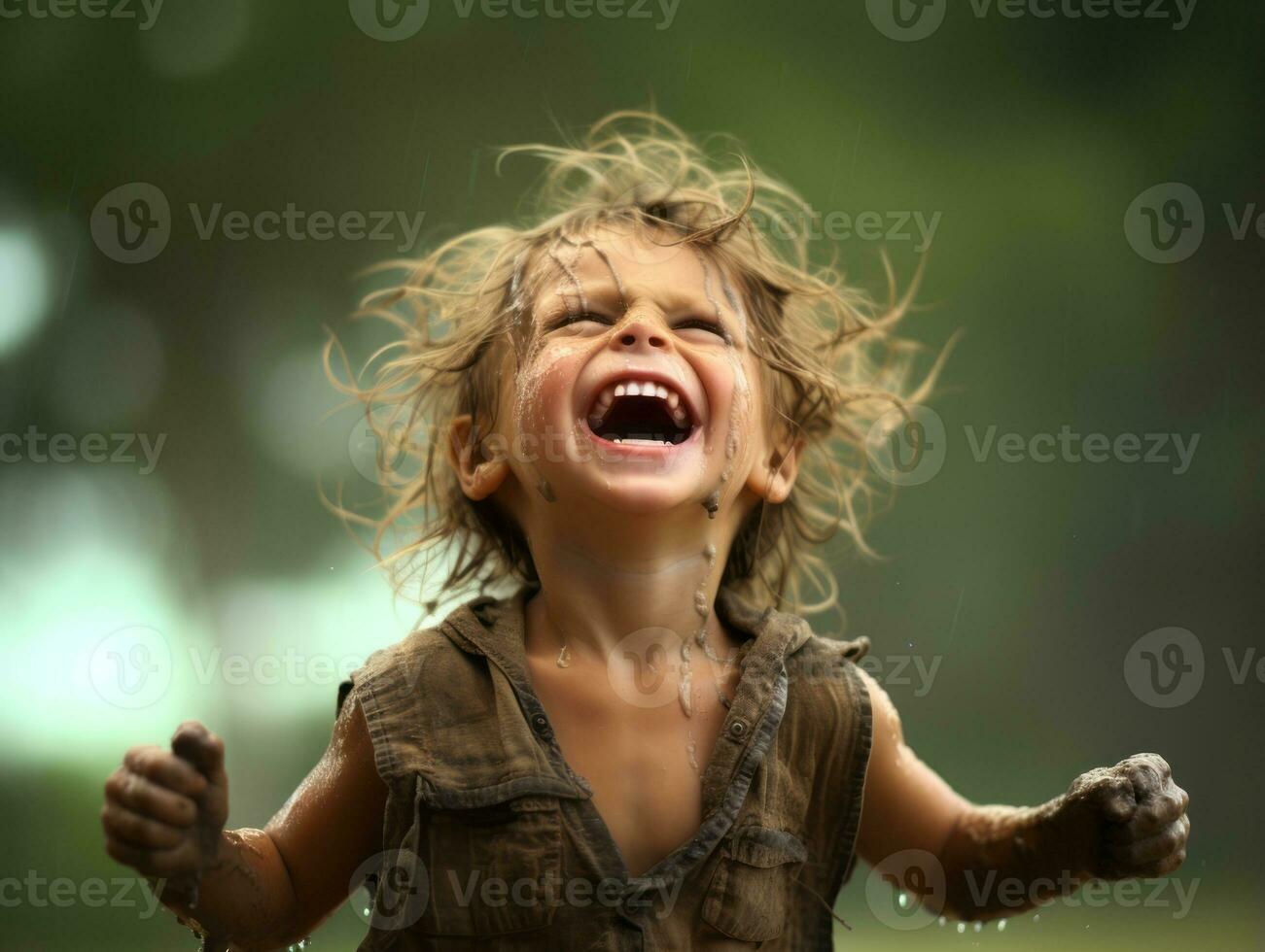 Carefree child joyfully dances in the refreshing rain AI Generative photo