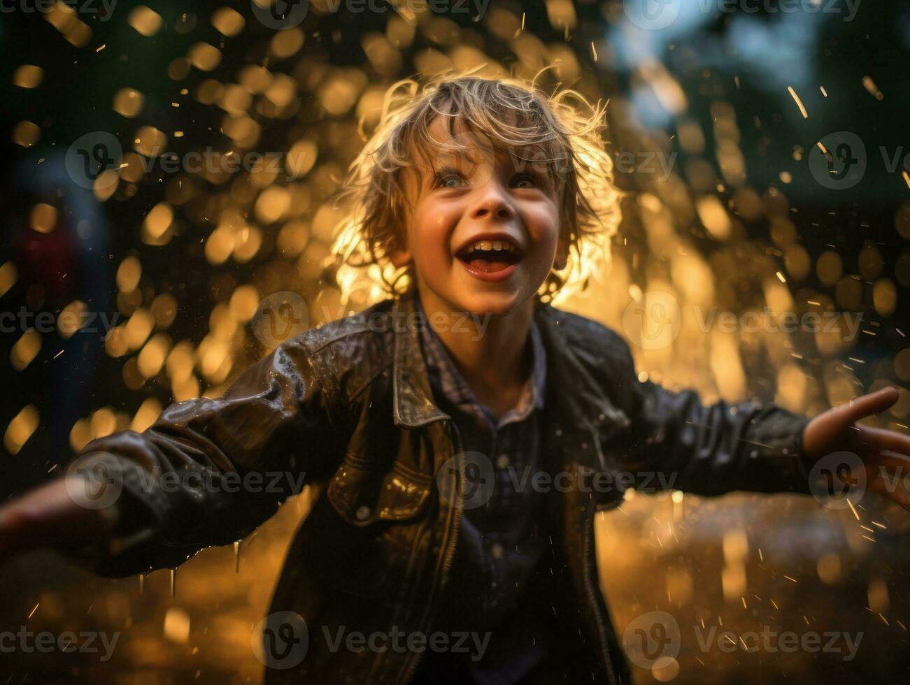 Carefree child joyfully dances in the refreshing rain AI Generative photo