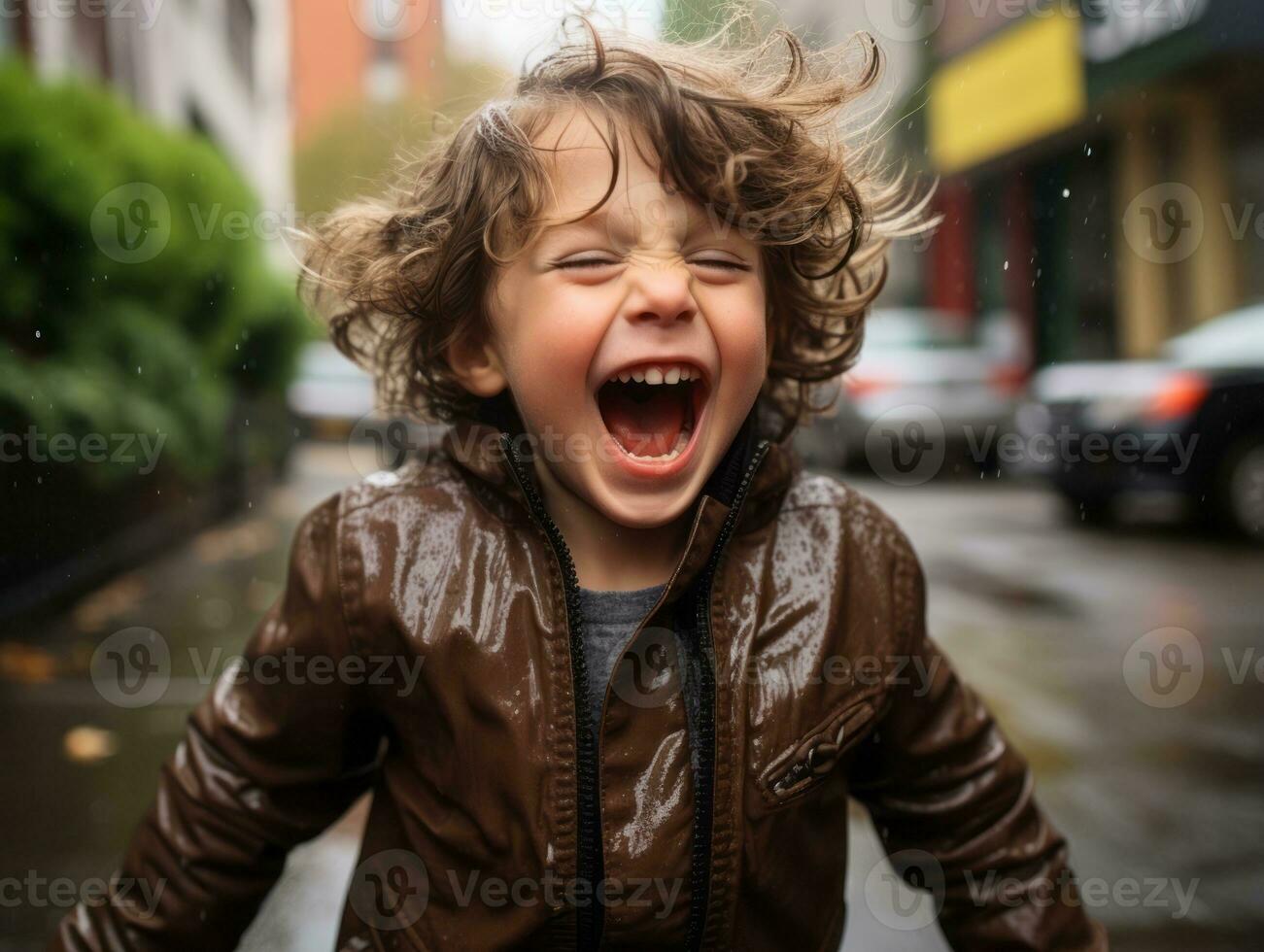 Carefree child joyfully dances in the refreshing rain AI Generative photo