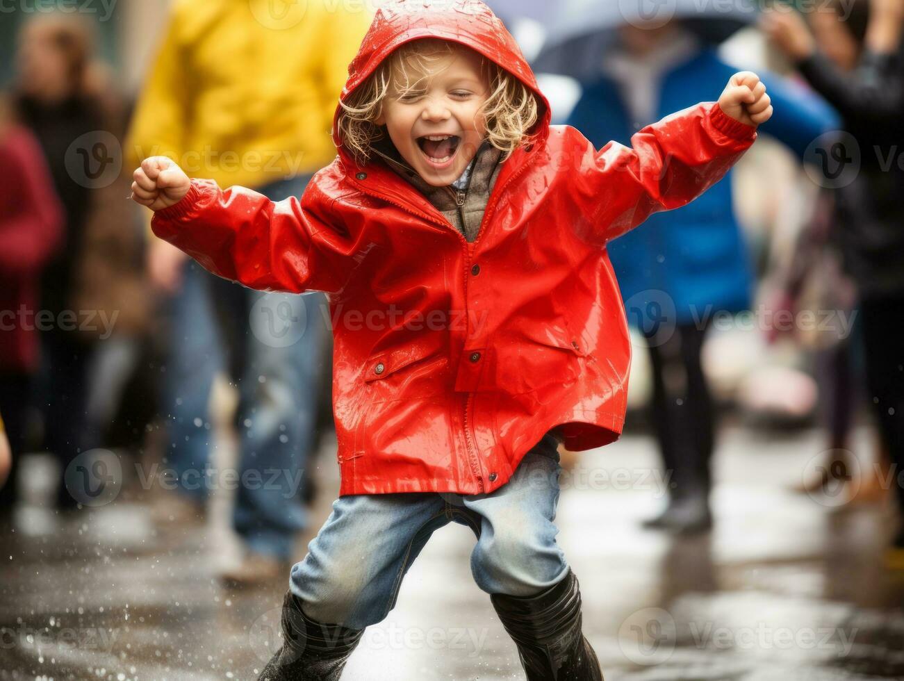 Carefree child joyfully dances in the refreshing rain AI Generative photo