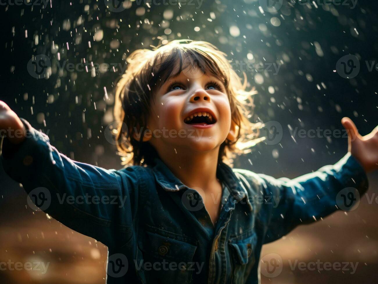 Carefree child joyfully dances in the refreshing rain AI Generative photo
