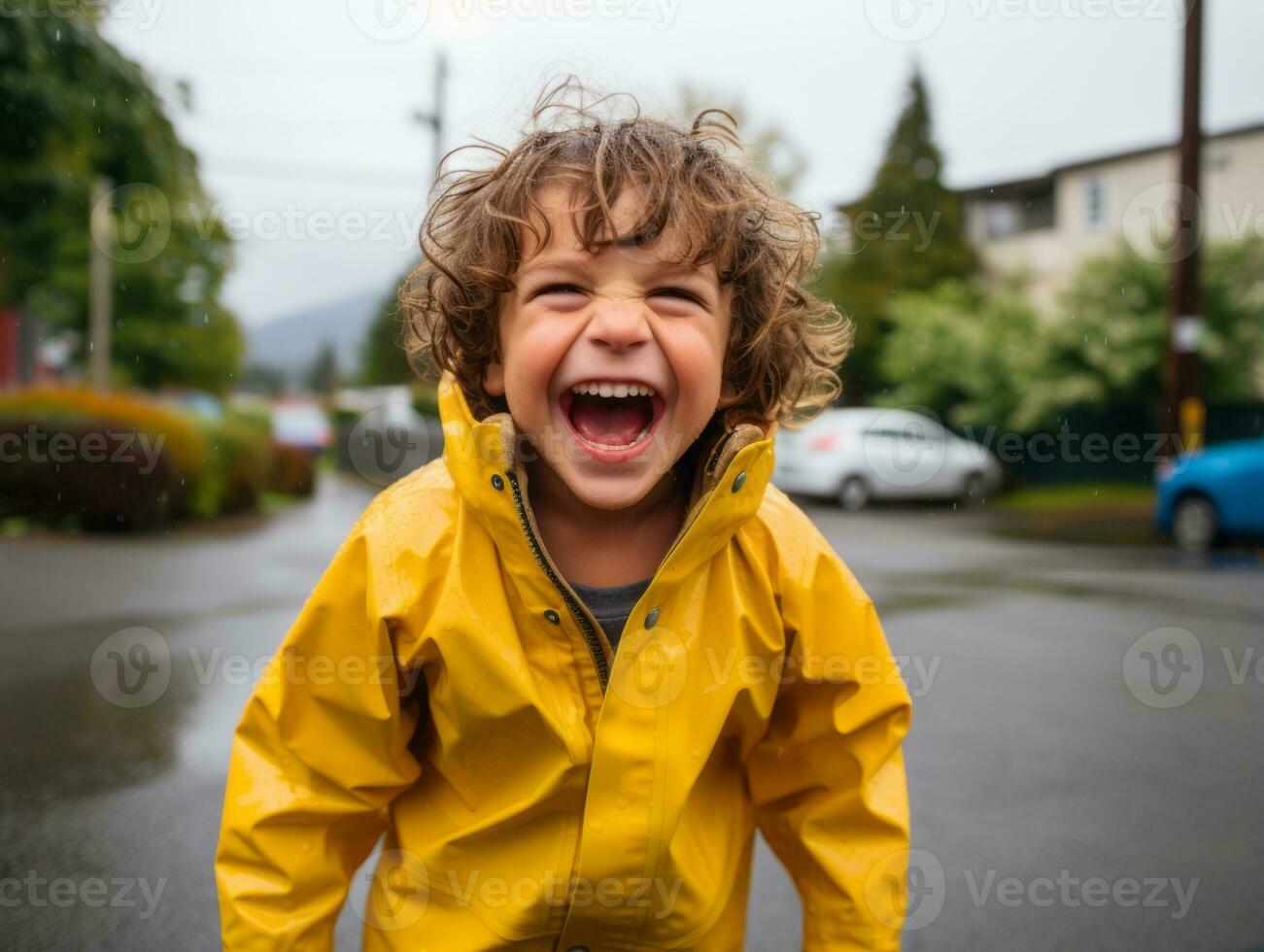Carefree child joyfully dances in the refreshing rain AI Generative photo