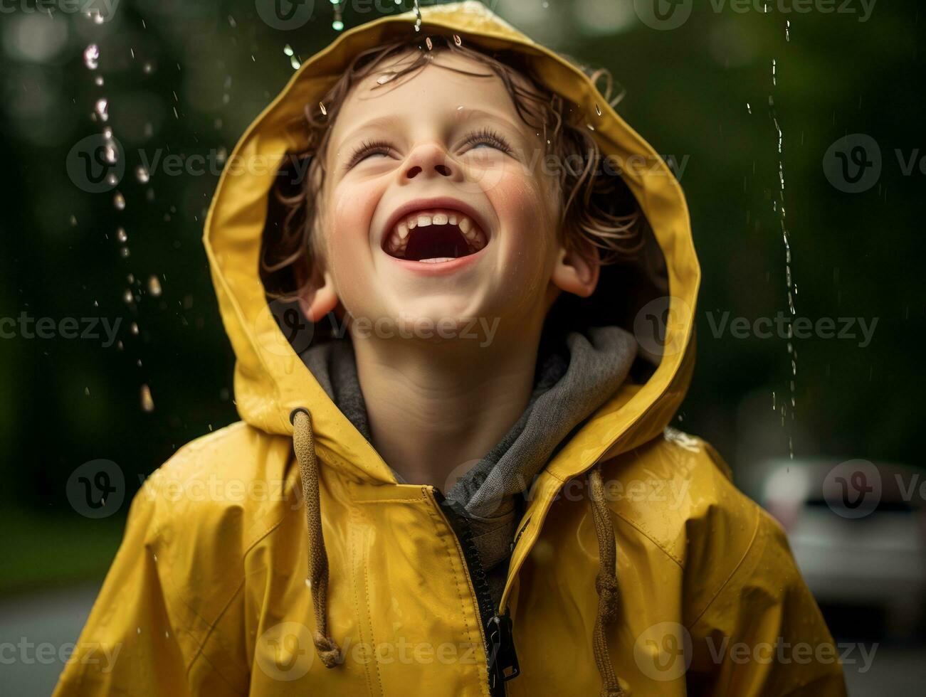 Carefree child joyfully dances in the refreshing rain AI Generative photo