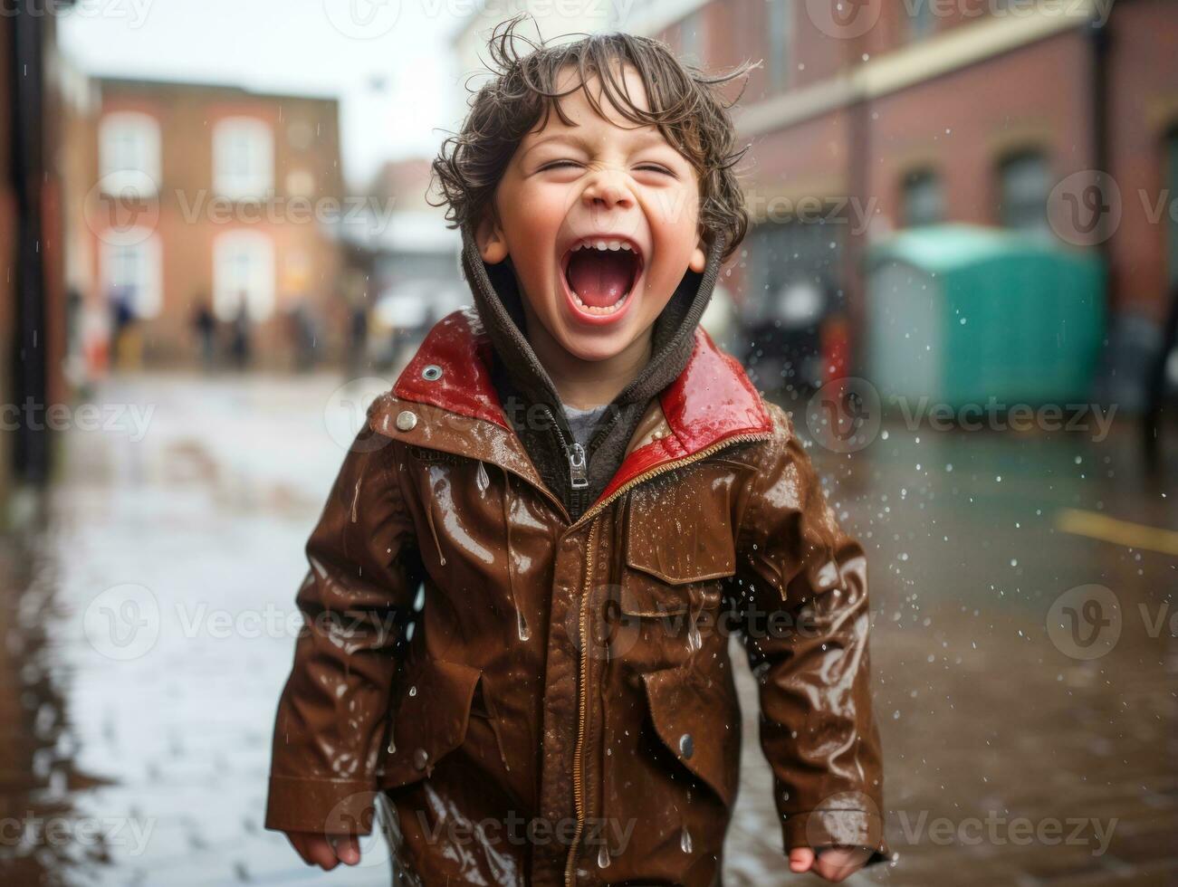 Carefree child joyfully dances in the refreshing rain AI Generative photo