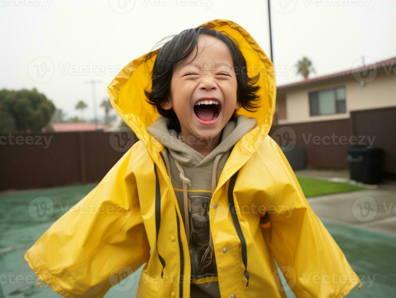 Carefree child joyfully dances in the refreshing rain AI Generative photo