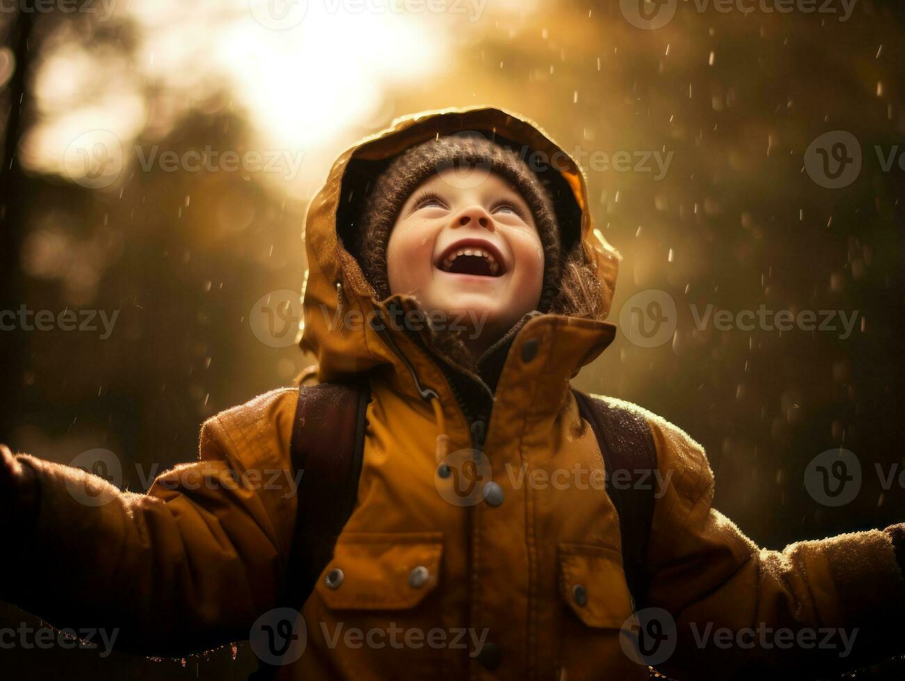 Carefree child joyfully dances in the refreshing rain AI Generative photo
