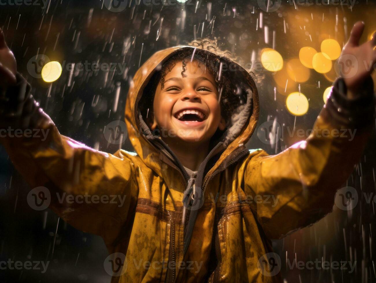 Carefree child joyfully dances in the refreshing rain AI Generative photo