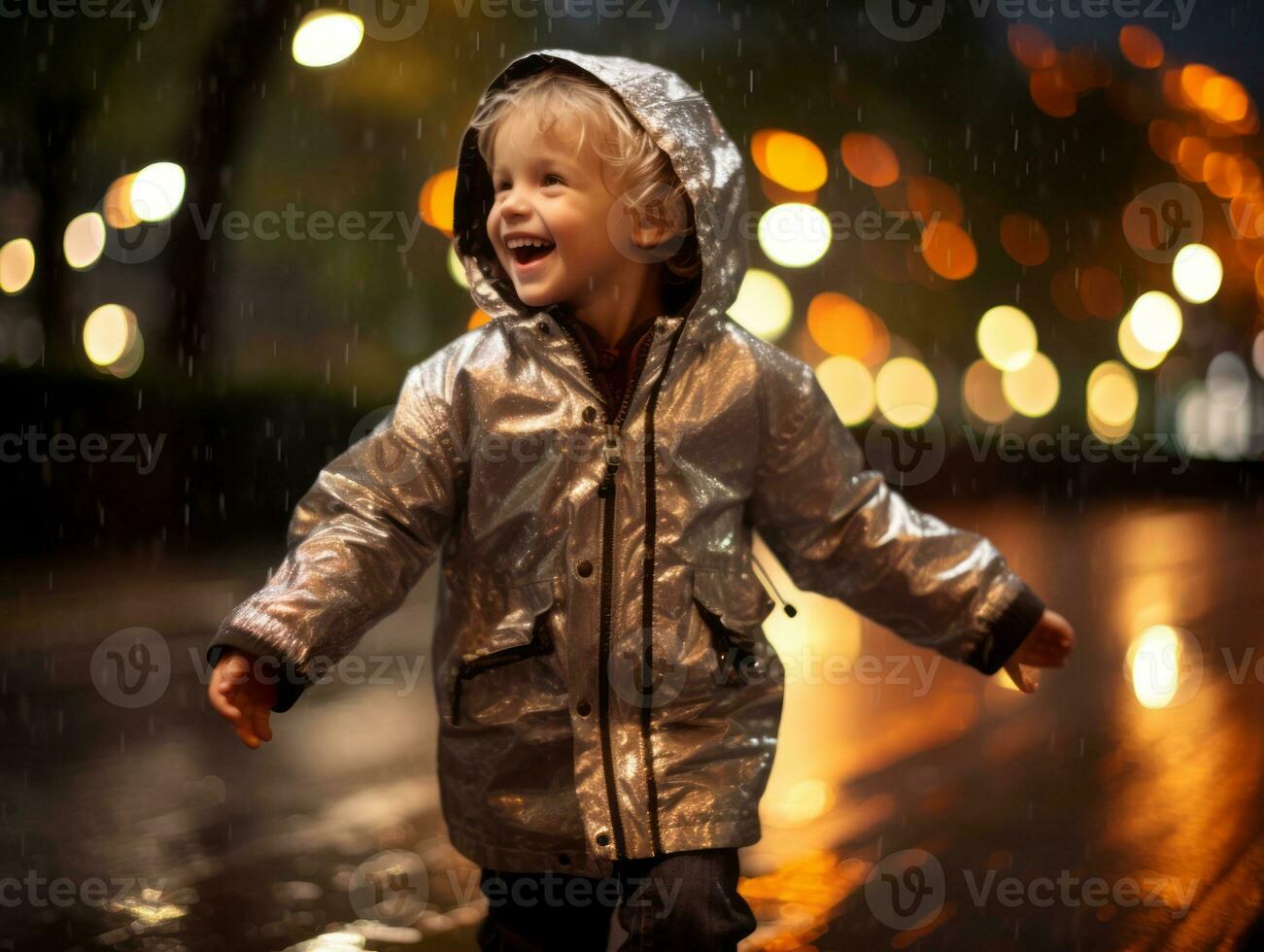 Carefree child joyfully dances in the refreshing rain AI Generative photo