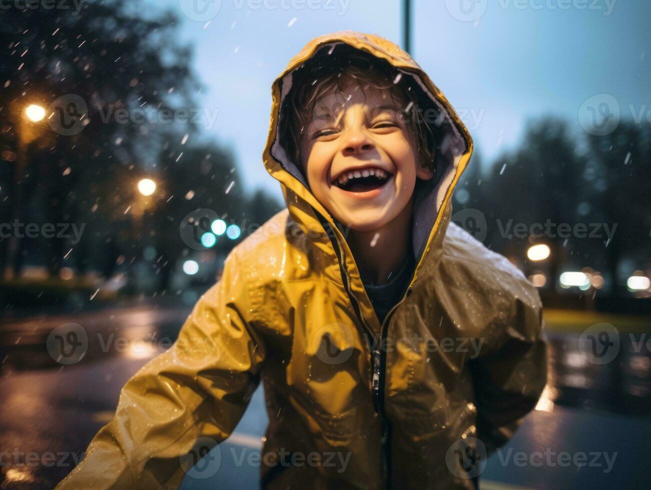 Carefree child joyfully dances in the refreshing rain AI Generative photo