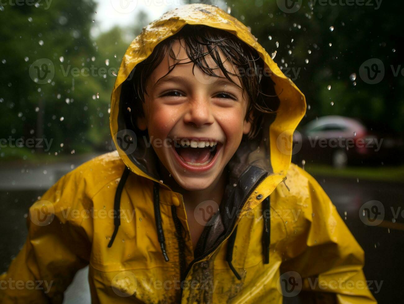 Carefree child joyfully dances in the refreshing rain AI Generative photo
