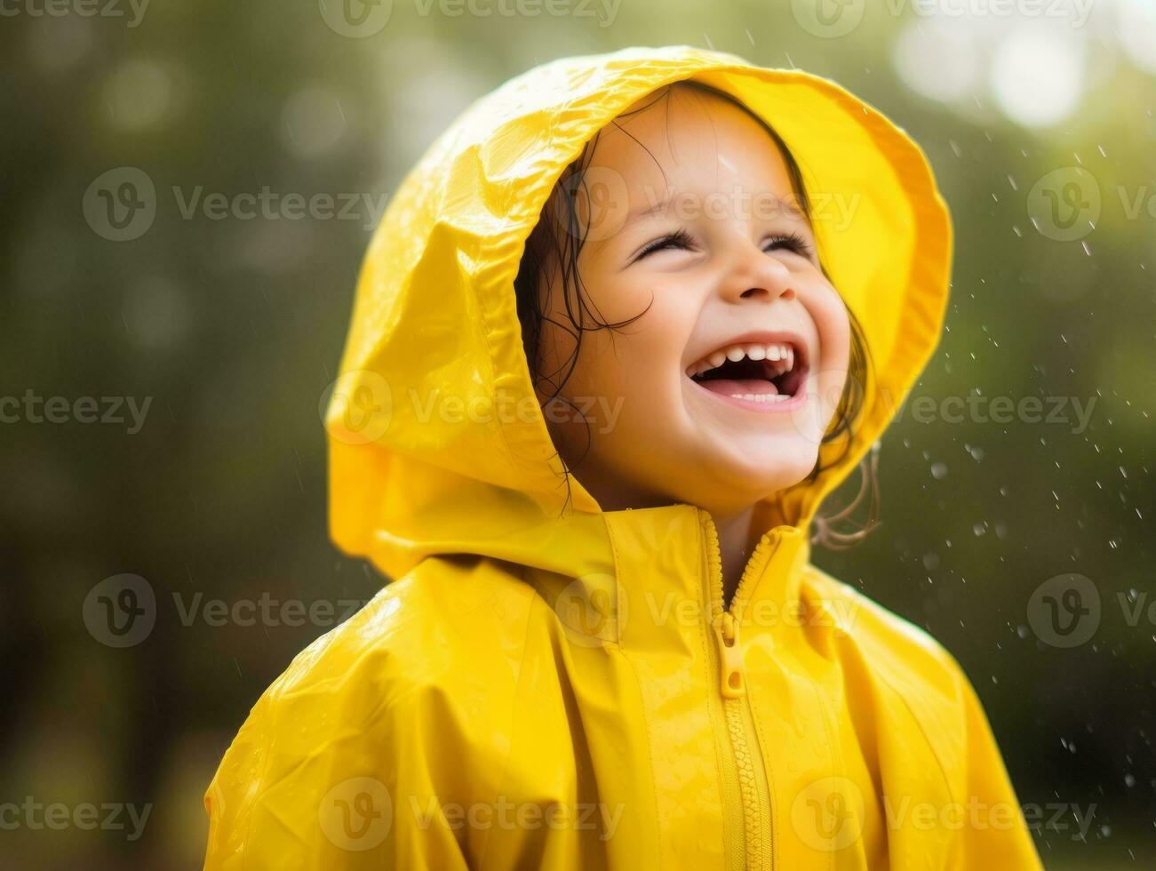 Carefree child joyfully dances in the refreshing rain AI Generative photo