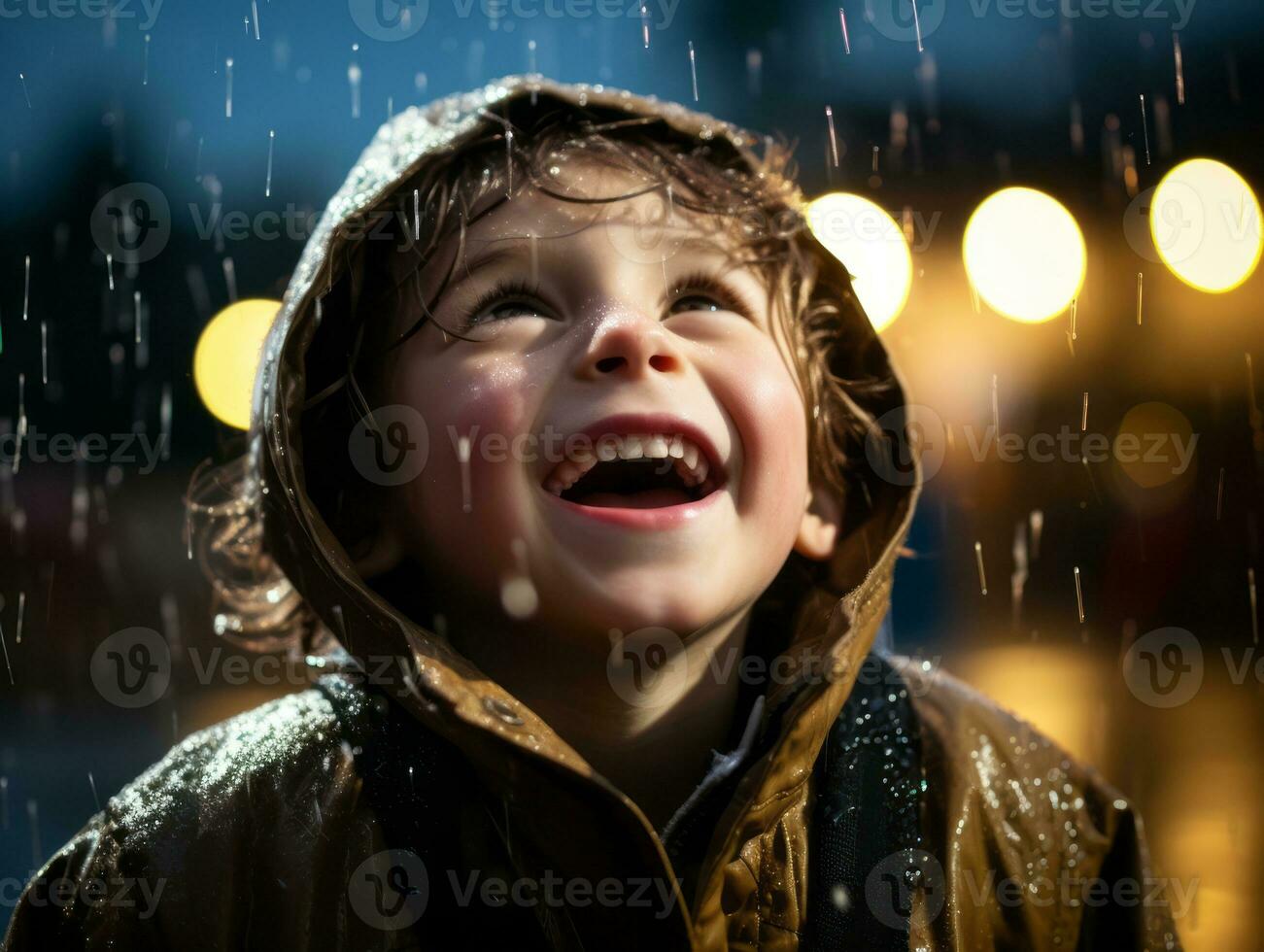 Carefree child joyfully dances in the refreshing rain AI Generative photo