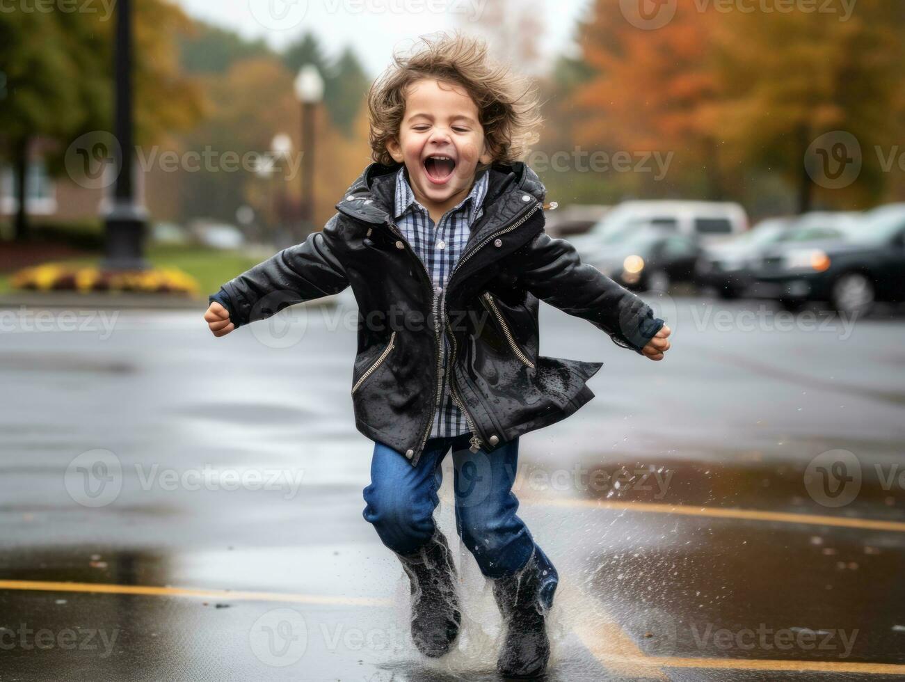 Carefree child joyfully dances in the refreshing rain AI Generative photo