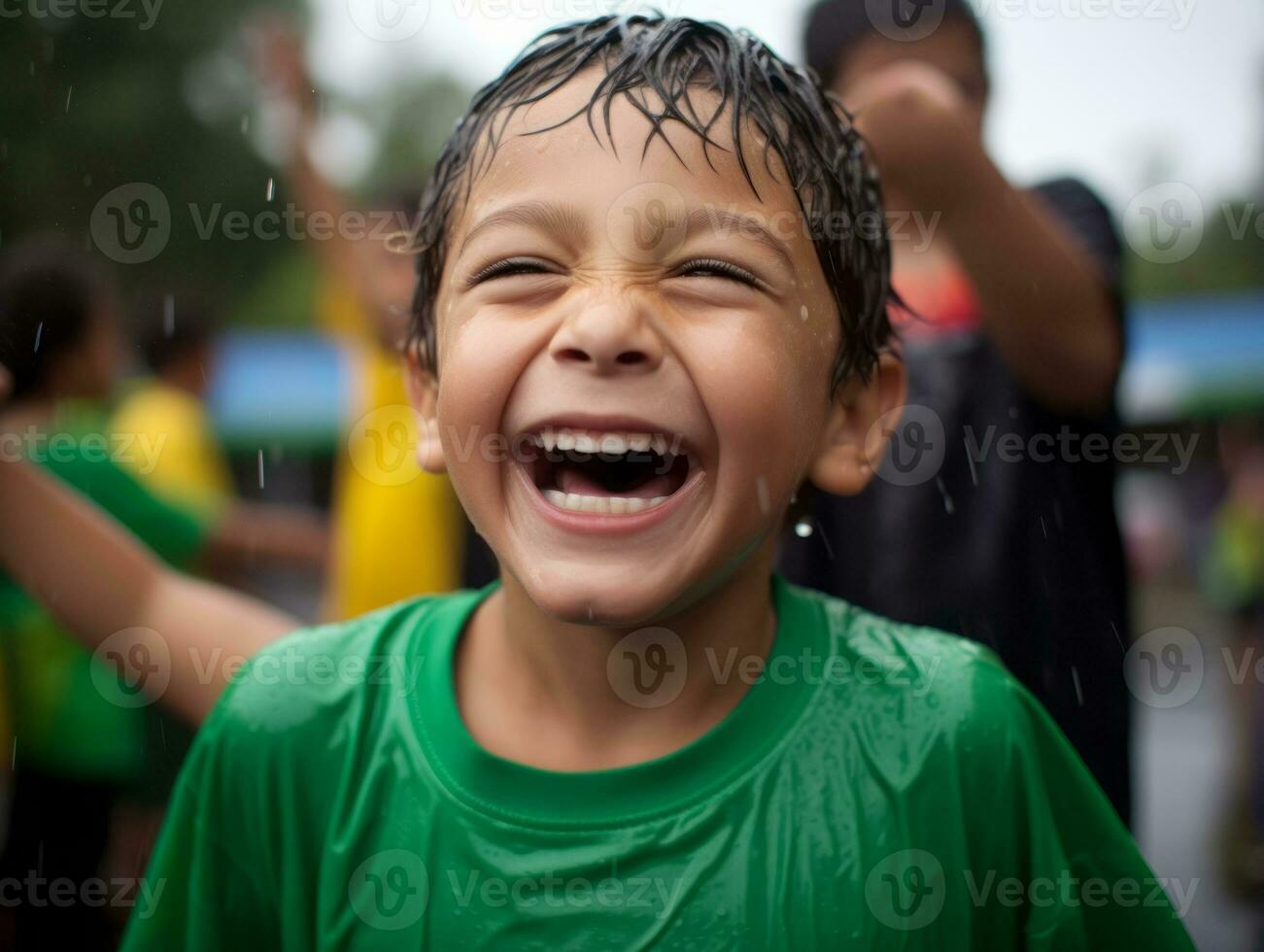 Carefree child joyfully dances in the refreshing rain AI Generative photo