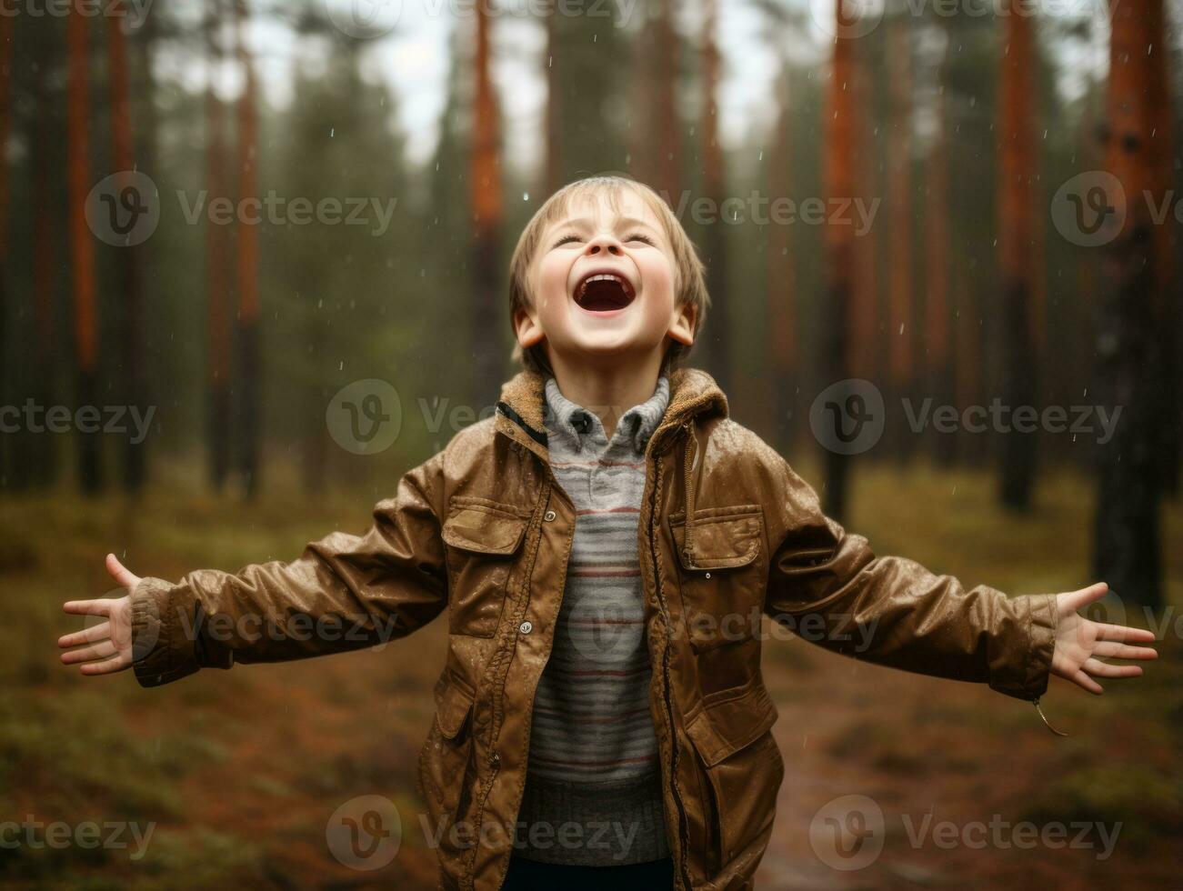 Carefree child joyfully dances in the refreshing rain AI Generative photo
