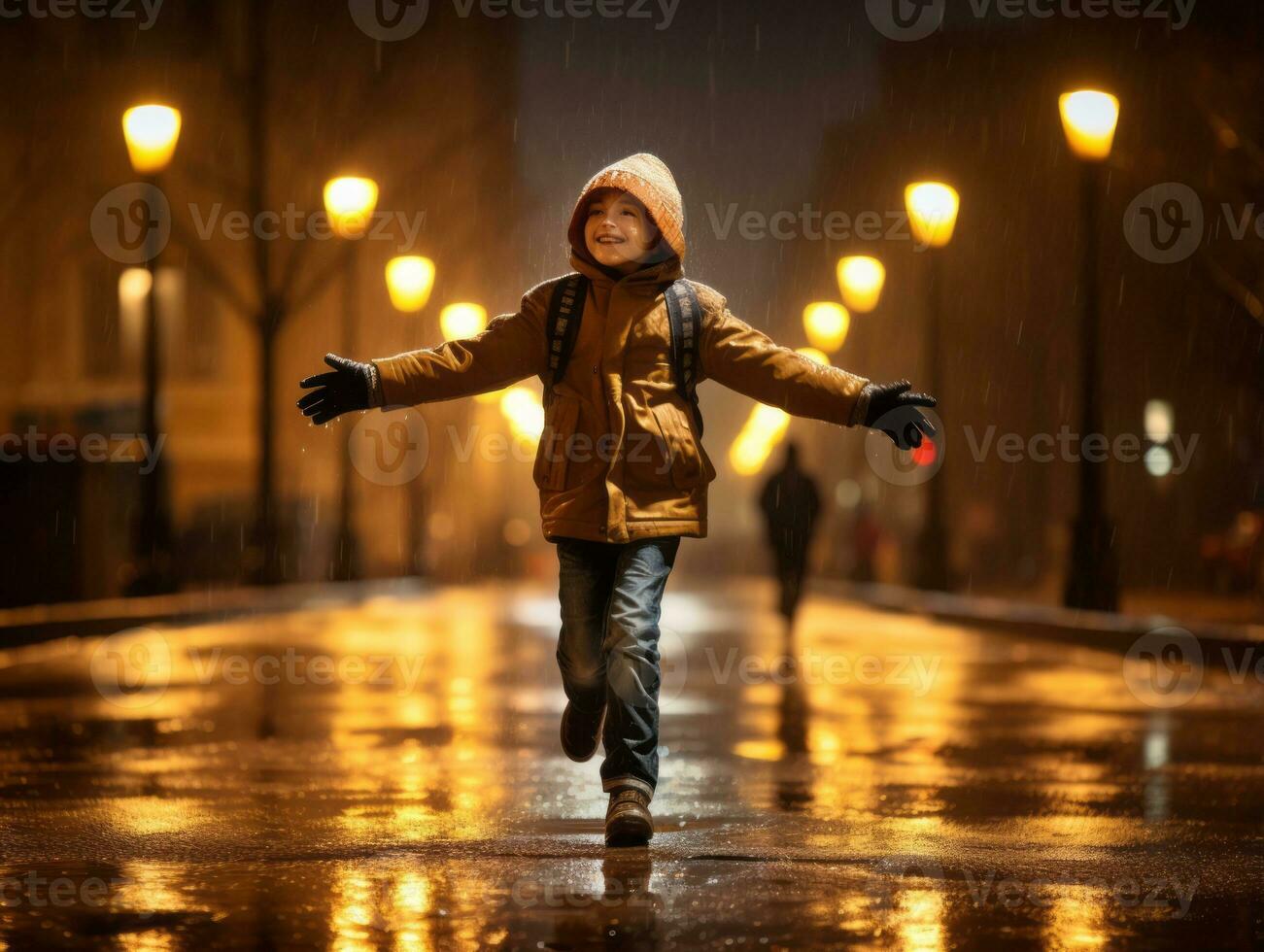 Carefree child joyfully dances in the refreshing rain AI Generative photo