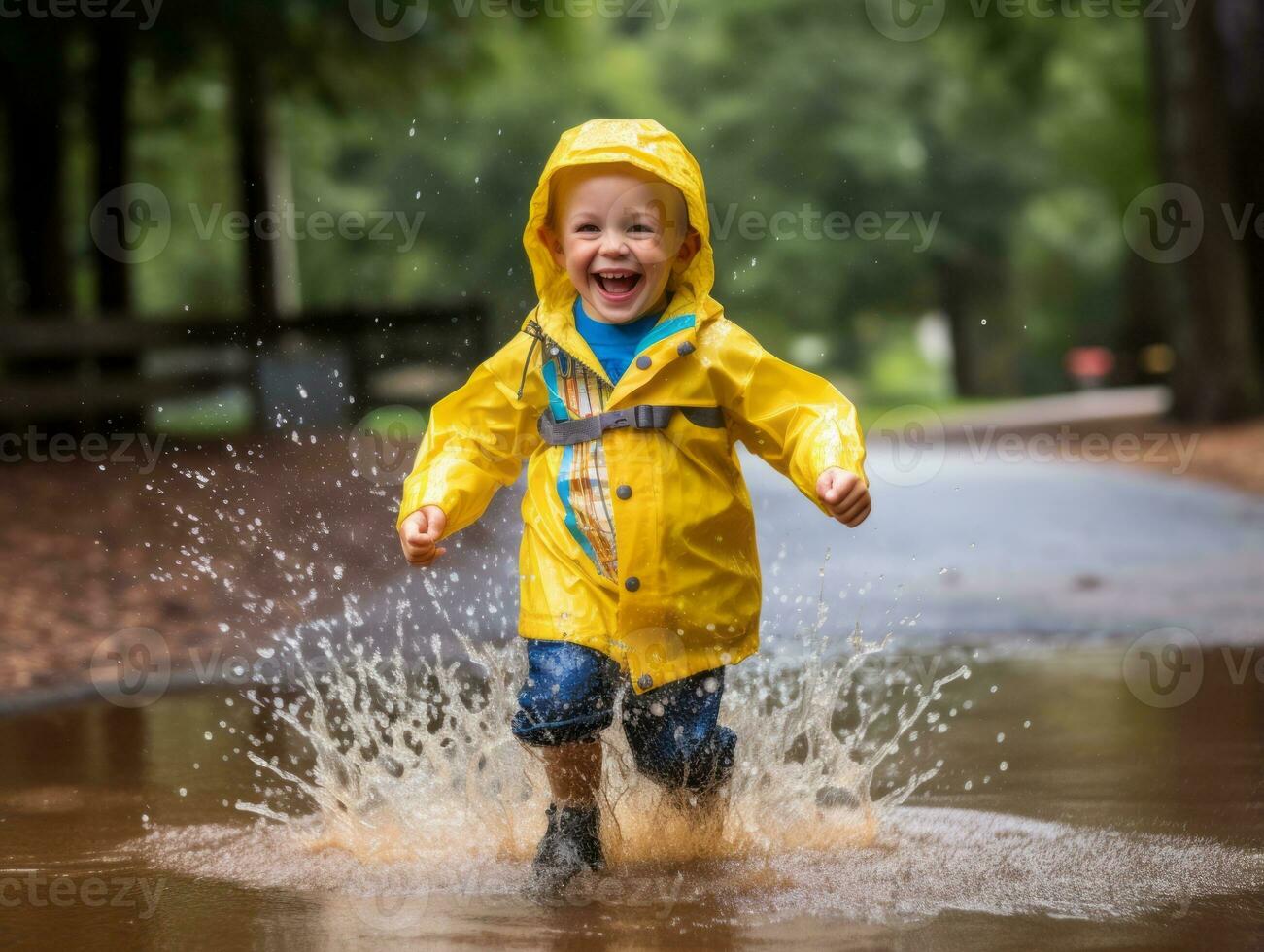 Carefree child joyfully dances in the refreshing rain AI Generative photo