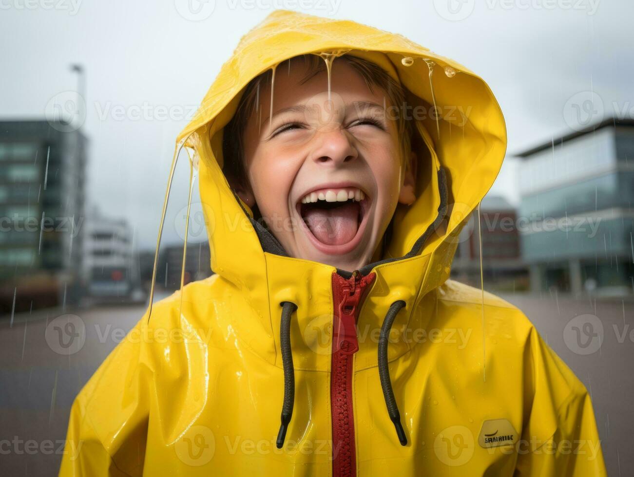 Carefree child joyfully dances in the refreshing rain AI Generative photo