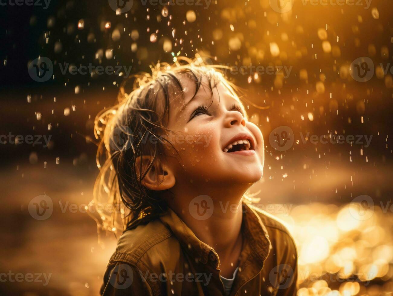 Carefree child joyfully dances in the refreshing rain AI Generative photo