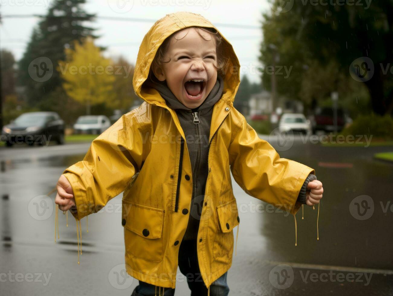 Carefree child joyfully dances in the refreshing rain AI Generative photo