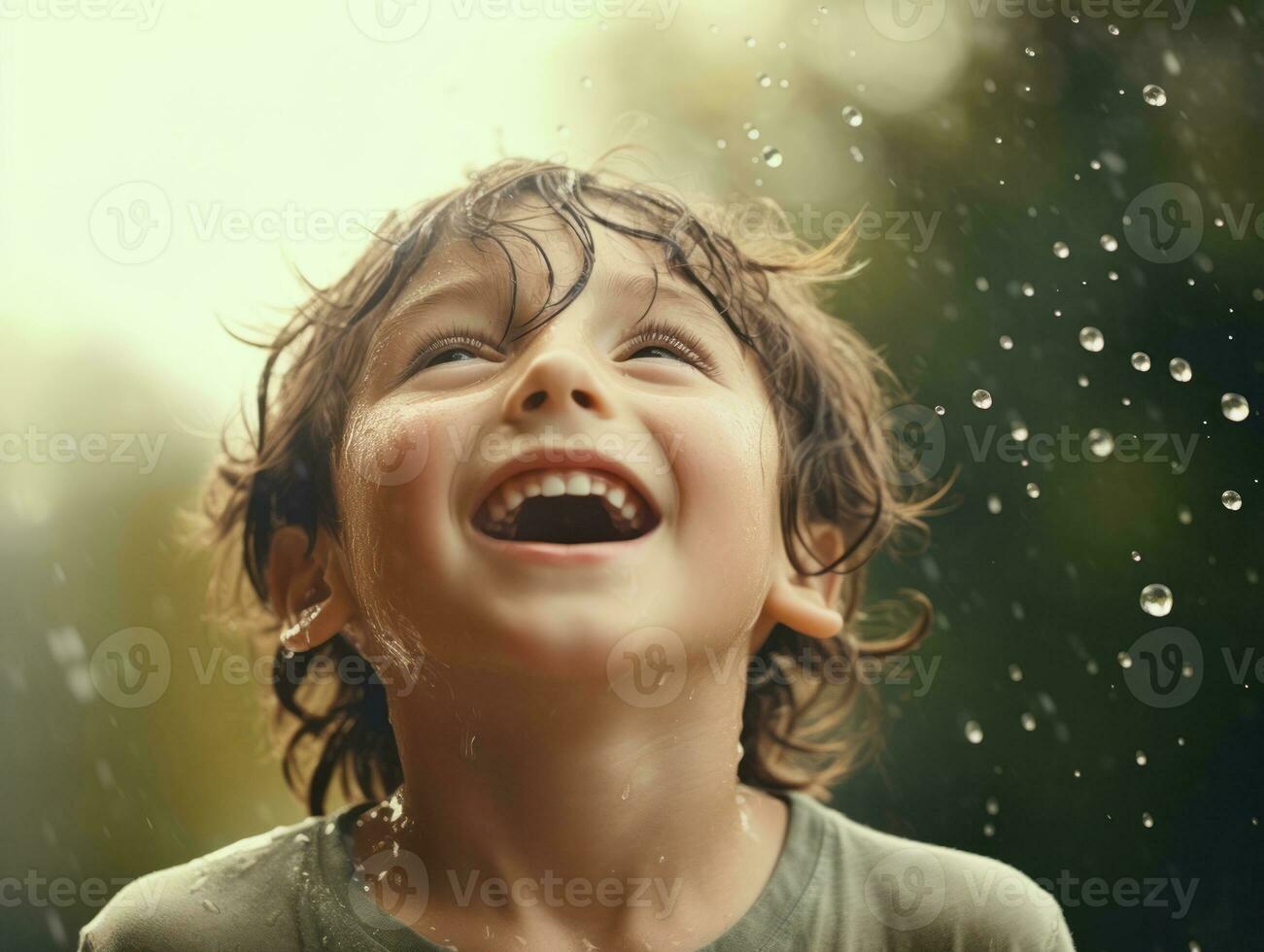 Carefree child joyfully dances in the refreshing rain AI Generative photo