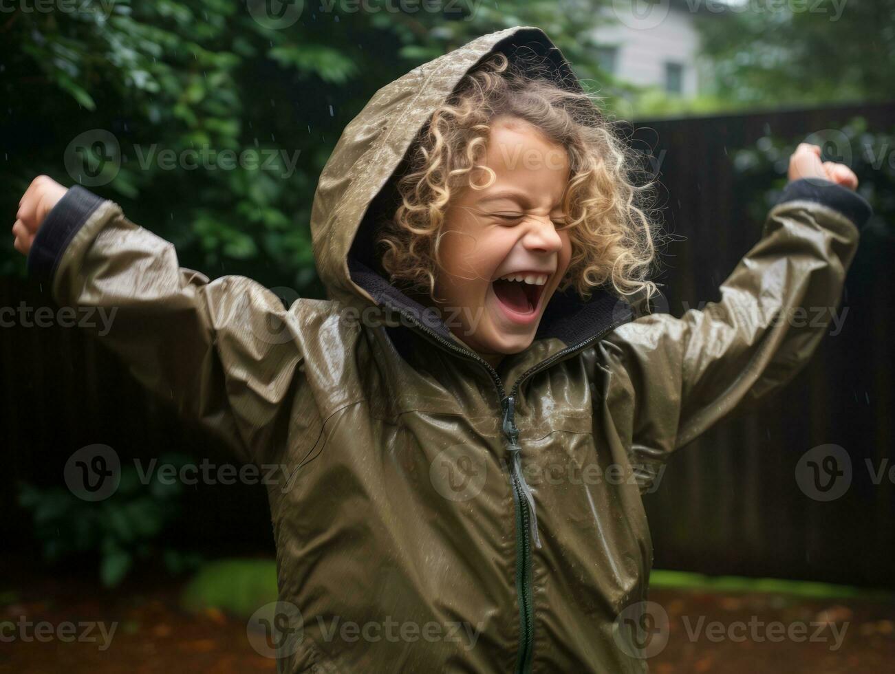 Carefree child joyfully dances in the refreshing rain AI Generative photo