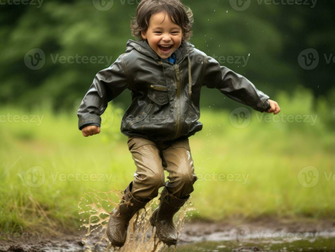 Carefree child joyfully dances in the refreshing rain AI Generative photo