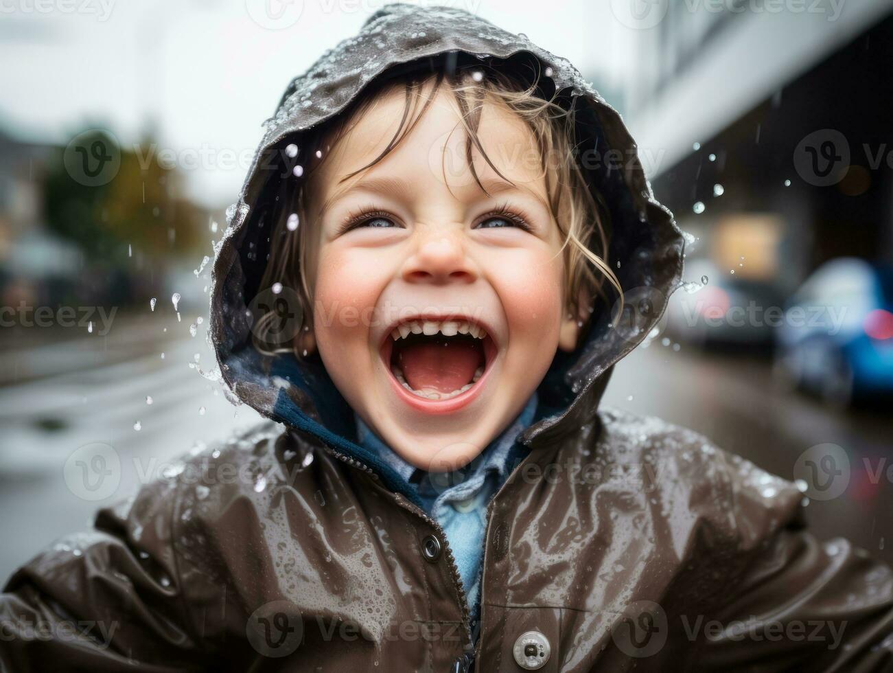 Carefree child joyfully dances in the refreshing rain AI Generative photo